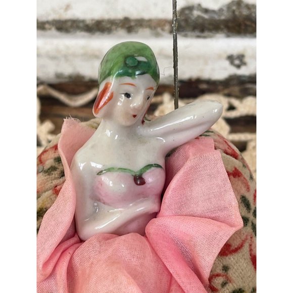 Antique Bathing Beauty Type pincushion Half Doll On Chair Legs out Japan - Picture 3 of 11
